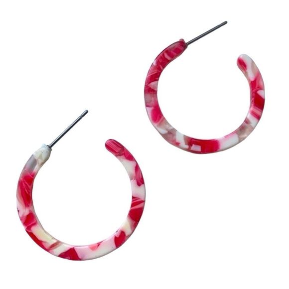 Swirled Red & White Marbleized Acetate Eco Hoop Handmade Earrings Unisex Gift - Picture 3 of 11